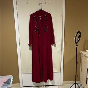 Elegant Red Embroidered A Line Maxi Dress/Abaya SZ 3/ Medium Like New Condition